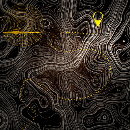 Abstract background with stripes or curved lines. Relief map with route and location pin. Travel by airの写真素材
