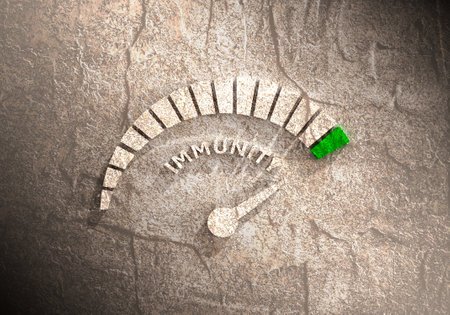 Color scale with arrow. The immunity level measuring device icon. Sign tachometer, speedometer, indicator. Colorful infographic gauge element.の写真素材
