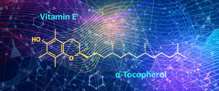 alpha-Tocopherol, Vitamin E chemical formula and skeletal structure. A type of vitamin E preferentially absorbed and accumulated in humans. Food additive E307, dietary supplement.の写真素材
