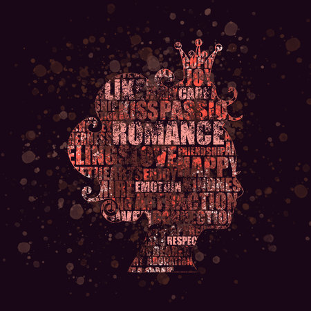 Social issues concept. Queen or princess head icon filled with tags cloud.の写真素材
