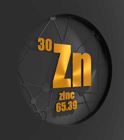 Zinc chemical element. Sign with atomic number and atomic weight. Chemical element of periodic table. Connected lines with dots. Circle frame. 3D renderの写真素材
