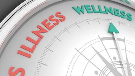 The needle of compass points to the word wellness ignoring the words illness. Health care concept. 3D renderの写真素材
