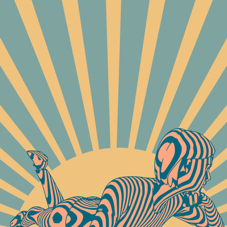 Lying woman illustration represented in stripes. Young woman silhouette against sunriseのイラスト素材