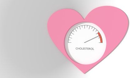 Cholesterol meter read high level result. Scale with arrow and heart icon. The measuring device icon. Infographic gauge element. 3D renderの写真素材