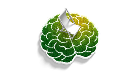 Brain with green grass and beach chaise lounge, symbolizing self-analyzing. Growing psychological and emotional stability. Concept of inner world, feelings, mental health and psychology. 3D renderの写真素材