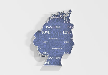 Profile view silhouette of a princess or queen. Cute girl portrait textured by keywords tag cloud. 3D renderの写真素材