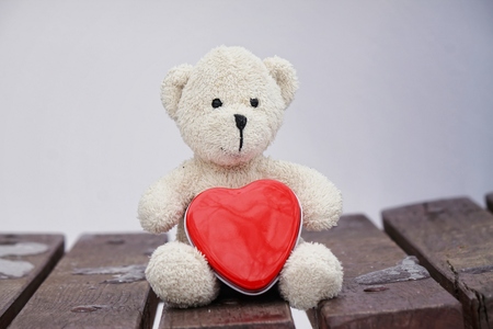Teddy bear holds a red heartの写真素材