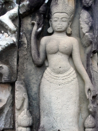 Carving of a female figure at Angkor Wat, Siem Reap, Cambodia の写真素材