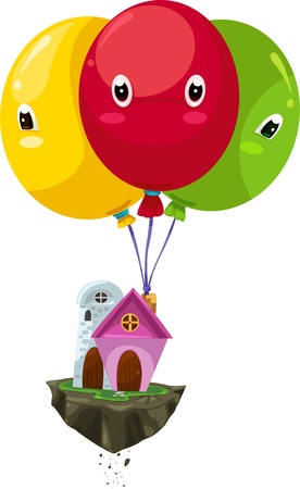 Illustration flying balloon houseのイラスト素材