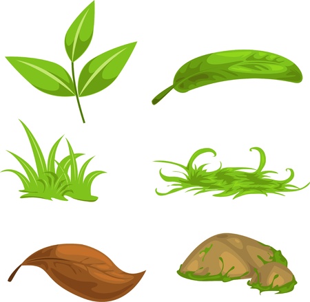 Green tea leaves and stone and grass のイラスト素材