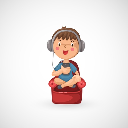 illustration of isolated Happy boy listening to music のイラスト素材