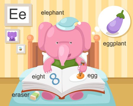 Alphabet E letter eraser, eight , egg, eggplant, elephant のイラスト素材