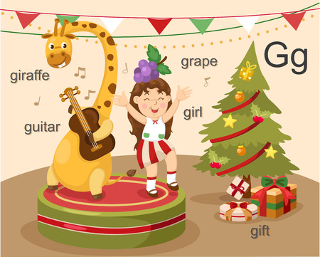 Alphabet G letter giraffe,guitar,girl,grape,gift のイラスト素材
