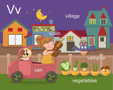 Alphabet V letter van, violin, village, vampire, vegetables のイラスト素材
