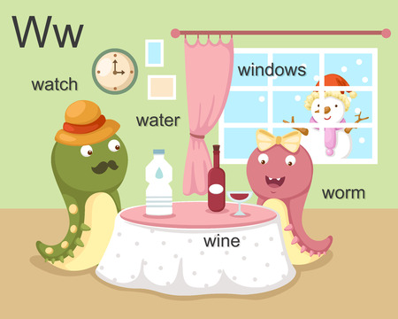 Alphabet W letter watch, water, wine, worm, windows のイラスト素材