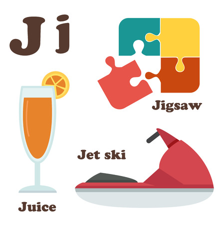illustration of alphabet J letter Jet Ski,Jigsaw,Juiceのイラスト素材