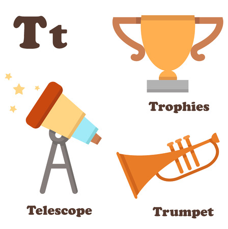 illustration of alphabet T letter Telescope,Trophies,Trumpetのイラスト素材