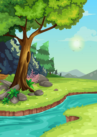 illustration of forest with a river background vectorのイラスト素材