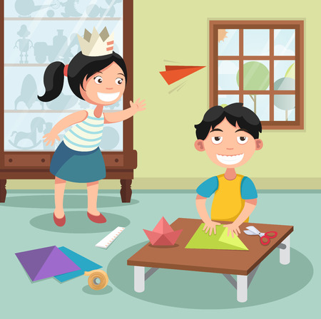 Illustration of children folding the paper,vectorのイラスト素材
