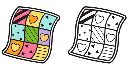 Illustration of isolated colorful and black and white quilt for coloring bookのイラスト素材