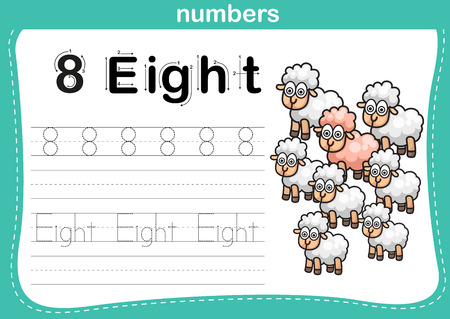 Connecting dot and printable numbers exercise with lovely cartoon for preschool and kindergarten kids illustration, vectorのイラスト素材