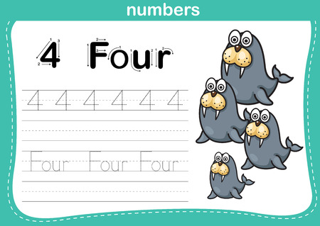 Connecting dot and printable numbers exercise with lovely cartoon for preschool and kindergarten kids illustrationのイラスト素材