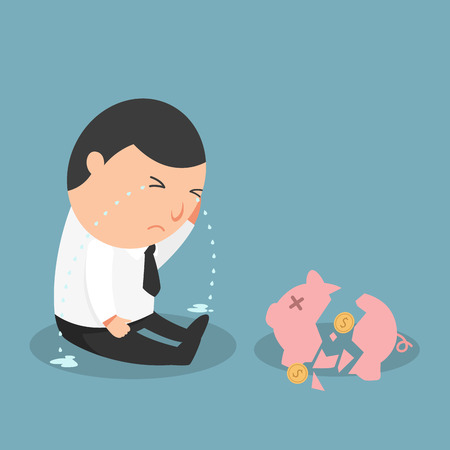 Broken piggy bank-the man crying because of being poor, his saving also lacks money.illustration vectorのイラスト素材
