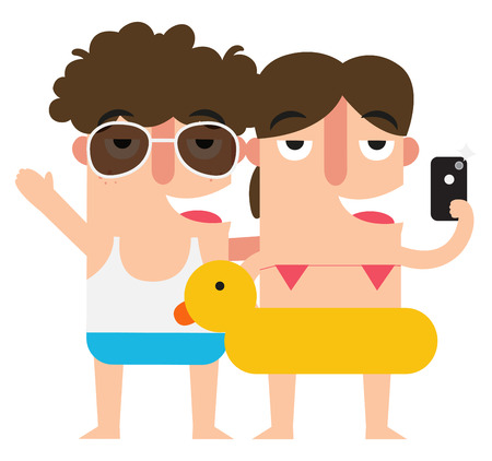 Taking selfie woman and man,summer vacation fun,illustration,vectorのイラスト素材