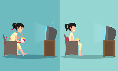 The sample of the guy sitting in wrong and right ways for watching tv, illustration, vectorのイラスト素材