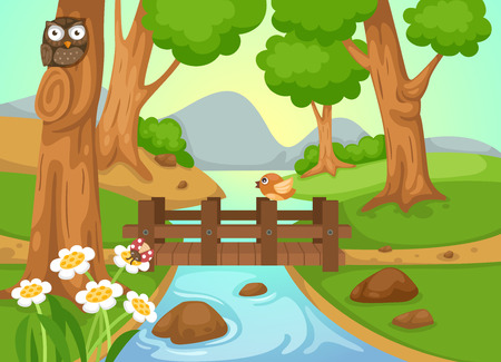 illustration of forest with a river background vectorのイラスト素材