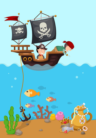 pirate ship beautiful landscape vector,illustration.のイラスト素材