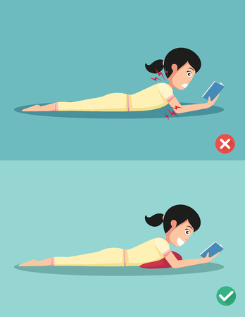 Best and worst positions with healthy pillow for read a book illustration, vectorのイラスト素材