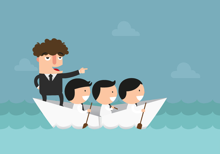 Businessmen rowing the boat, teamwork, success, leadership concept vector illustration.のイラスト素材