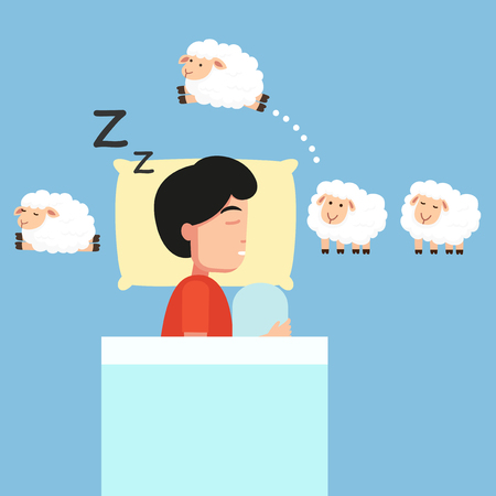 Man sleeping,Counting sheep to fall asleep vector illustration.のイラスト素材