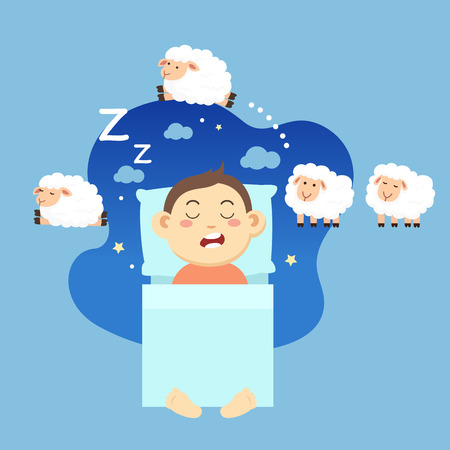 A sleeping boy while dreaming of counting sheep, vector illustration.のイラスト素材