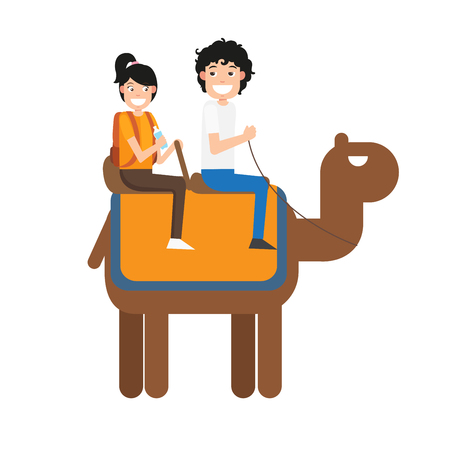 Man and woman riding a camel illustration.のイラスト素材