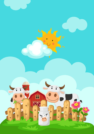 Vector illustration of landscape with cows and farm background.のイラスト素材