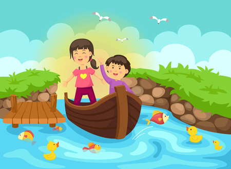 Illustration of a boy and girl are sailing on a boat vectorのイラスト素材