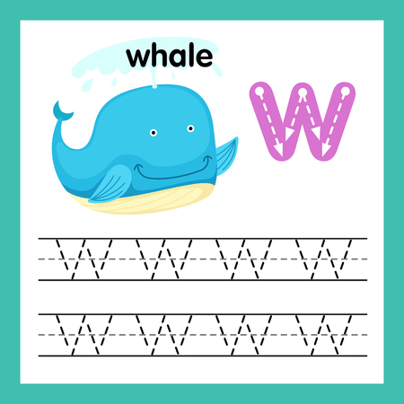Alphabet W exercise with cartoon vocabulary illustration, vectorのイラスト素材