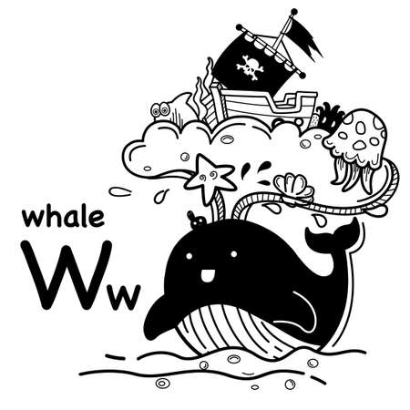 Hand drawn.Alphabet Letter W-whale illustration, vectorのイラスト素材