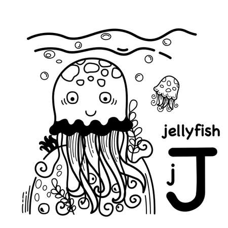 Hand drawn.Alphabet Letter J-jellyfish illustration, vectorのイラスト素材
