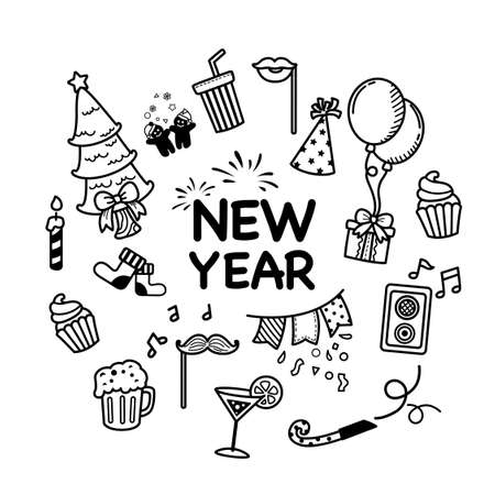 Hand drawn set happy new year and merry christmas. illustration vectorのイラスト素材