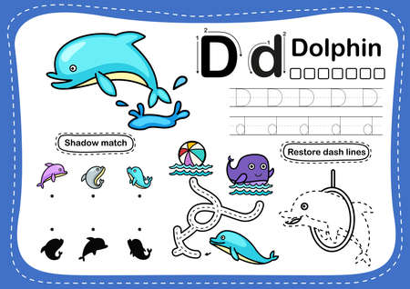 Alphabet Letter D-dolphin exercise with cartoon vocabulary illustration, vectorのイラスト素材