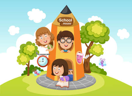 Illustration of  children playing at pencil house vectorのイラスト素材