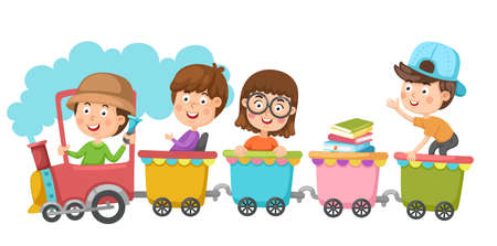Illustration of school kids riding train transportation education vectorのイラスト素材
