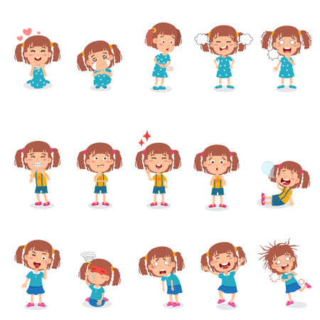 illustration isolation little girl in various poses with gestures and expressions. vectorのイラスト素材