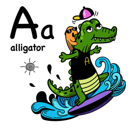 Hand drawn.Alphabet Letter A-alligator illustration, vectorのイラスト素材
