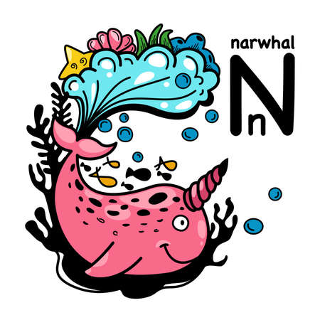 Hand drawn.Alphabet Letter N-narwhal illustration, vectorのイラスト素材