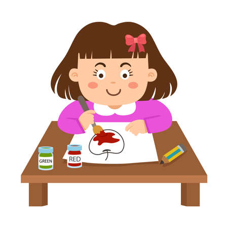 kid girl sitting at the table and paint vector illustrationのイラスト素材