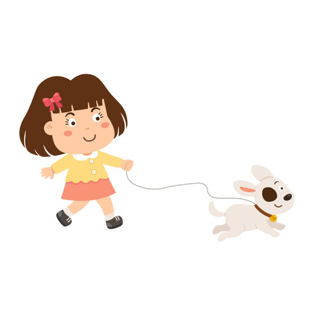 happy cute little girl walking with dog vector illustrationのイラスト素材